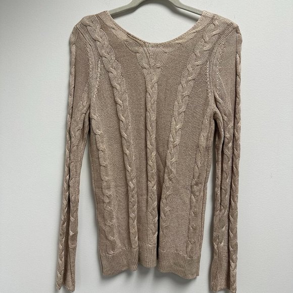 L'Agence Pia Soft Camel V-Neck Cable Knit Long Sleeve Sweater - Picture 4 of 4